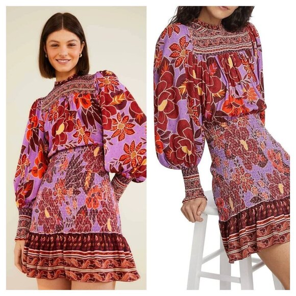 FARM Rio Dresses & Skirts - Farm Rio Sweet Floral Long Sleeve Mini Dress Smocked in Lilac Purple Red Size S
